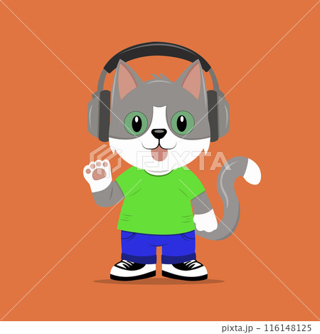 A cartoon cat is listening to music with headphones and wearing a green shirt 116148125
