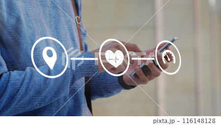 Image of flowchart of icons over midsection caucasian of man scrolling on smartphone Image of flowchart of icons over midsection caucasian of man scrolling on smartphone 116148128