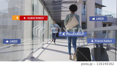 Image of social media icons over biracial businessman running in airport Image of social media icons over biracial businessman running in airport 116148162