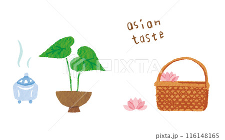 アジアンテイストなインテリア雑貨 木で編んだカゴと観葉植物と香炉 アジアンテイストなインテリア雑貨 木で編んだカゴと観葉植物と香炉 116148165