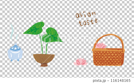 アジアンテイストなインテリア雑貨 木で編んだカゴと観葉植物と香炉 アジアンテイストなインテリア雑貨 木で編んだカゴと観葉植物と香炉 116148165