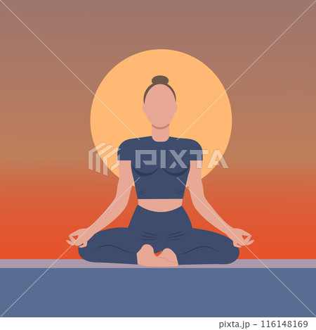 Girl in lotus position against sunset backgroundのイラスト素材 [116148169] - PIXTA
