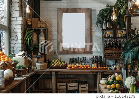 Inside a vintage farm grocery store, a blank white frame graces the wall, enhancing the rustic ambiance with its clean lines, contrasting beautifully with the old-fashioned, cozy setting, mockup 116148179