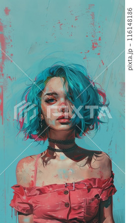 A captivating portrait featuring a stylish young lady with blue hair and a pink top against a turquoise backdrop. Her vibrant look exudes confidence and charm, creating an alluring image 116148186
