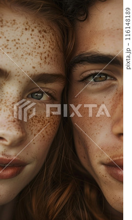The close-up image of a freckled girl and a guy emphasizes their facial features and expressions, creating an intimate portrayal of their relationship and personalities 116148189