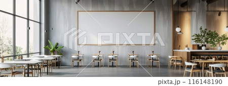 A blank poster on the wall of a modern cafe offers a sleek, minimalist touch, surrounded by stylish decor and contemporary furnishings, creating a clean and inviting atmosphere, mockup banner 116148190
