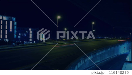 Image of multiple graphs over time lapse of moving vehicles on street against buildings 116148259