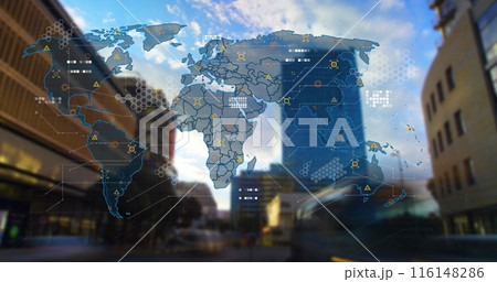 Image of circuit board pattern on map, low angle view of buildings and time-lapse of vehicles Image of circuit board pattern on map, low angle view of buildings and time-lapse of vehicles 116148286