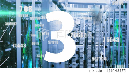 Image of countdown from 10 to 1 over changing numbers and connected dots over server room 116148375