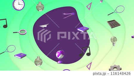 Image of education and school icons over green and purple waving background Image of education and school icons over green and purple waving background 116148426