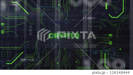 Image of crypto text and electronic circuit board pattern over data server systems Image of crypto text and electronic circuit board pattern over data server systems 116148444