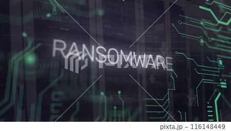 Image of ransomware text in circuit board pattern, binary codes over server room 116148449