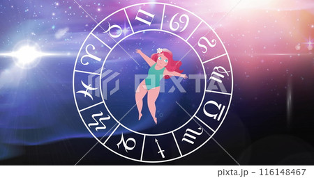 Image of star sign with horoscope wheel spinning over stars on blue to purple background 116148467