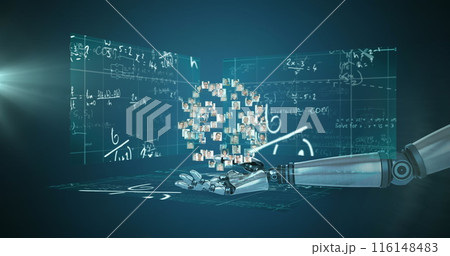 Globe of network of businesspeople over robotic hand against screens with mathematical equations Globe of network of businesspeople over robotic hand against screens with mathematical equations 116148483