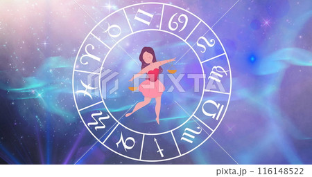 Image of libra star sign with horoscope wheel spinning over stars on blue to purple background 116148522