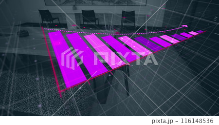 Image of bar graph with arrow downgrading over empty chairs and tables arranged in office Image of bar graph with arrow downgrading over empty chairs and tables arranged in office 116148536