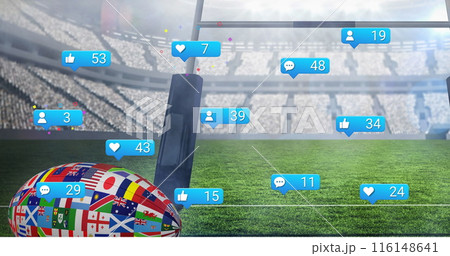 Image of social media icons and countries flag design on rugby ball against rugby sports stadium Image of social media icons and countries flag design on rugby ball against rugby sports stadium 116148641