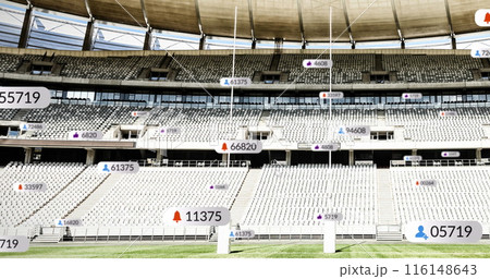 Image of social media icons floating against rugby sports stadium 116148643