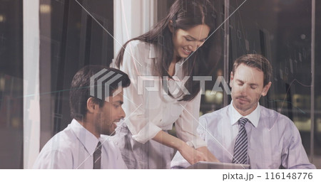 Statistical data processing over diverse business people discussing in meeting room at office 116148776