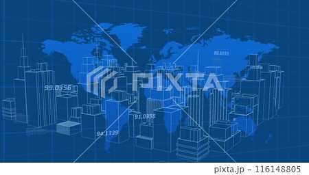 Image of numbers processing and world map over 3d cityscape drawing 116148805