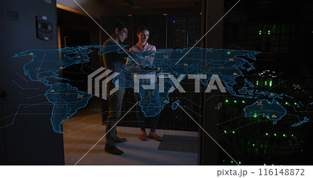 Image of data processing over diverse workers in server room 116148872