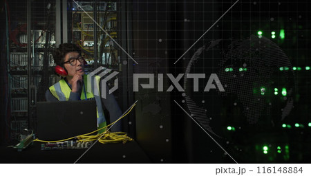 Image of data processing over asian male worker in server room Image of data processing over asian male worker in server room 116148884