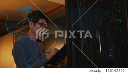 Image of data processing over asian male worker in server room 116148892
