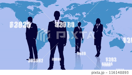 Image of numbers and businesspeople silhouettes over world map on blue background 116148893