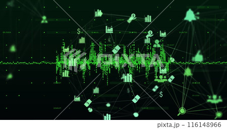 Digital image of data processing over globes of digital icons against black background 116148966