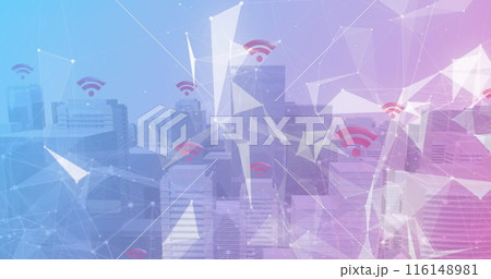 Image of shapes and wi fi icon over cityscape 116148981