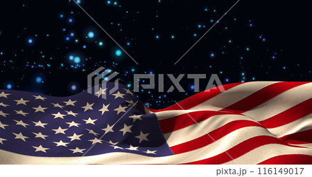 Image of waving usa flag and glowing spots over dark background 116149017