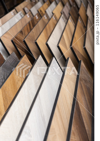 Samples of laminate or parquet with a pattern and wood texture for flooring 116149065