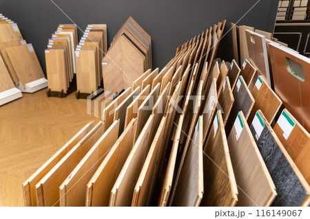 Samples of laminate or parquet with a pattern and wood texture for flooring 116149067