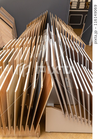 Samples of laminate or parquet with a pattern and wood texture for flooring 116149069