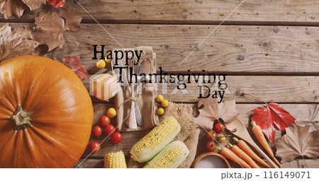 Image of happy thanksgiving day text over vegetables 116149071
