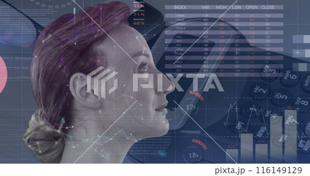 Image of data processing over calculator and caucasian woman 116149129