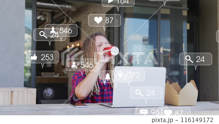 Image of social media icons and numbers over caucasian man using tablet Image of social media icons and numbers over caucasian man using tablet 116149172