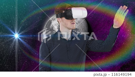 Image of moon and space over caucasian man using vr headset 116149194