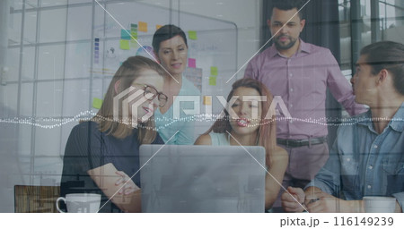 Image of people walking and data processing over diverse business people working at office 116149239