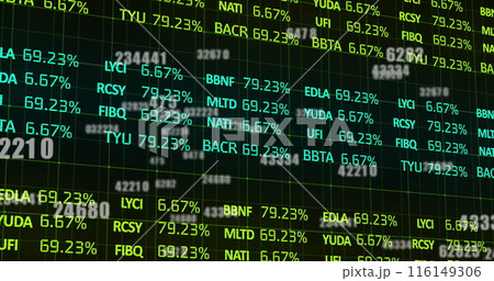 Image of financial data processing and numbers over grid Image of financial data processing and numbers over grid 116149306