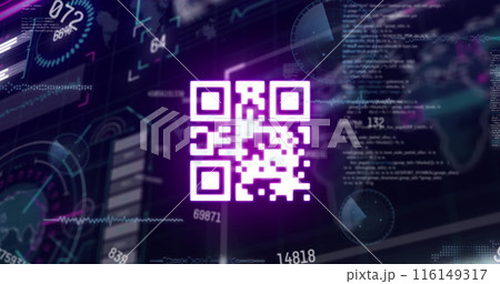 Image of qr code and data processing on black background 116149317