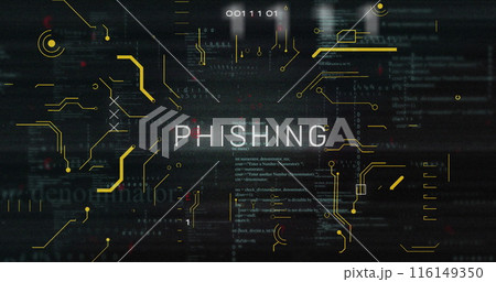 Image of phishing text and data processing over computer motherboard 116149350