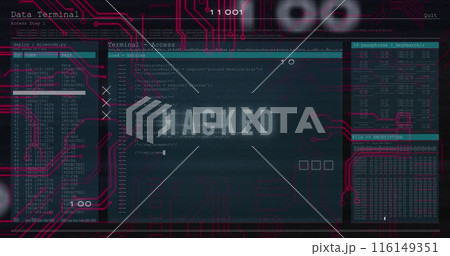 Image of hacked text and data processing over computer motherboard 116149351