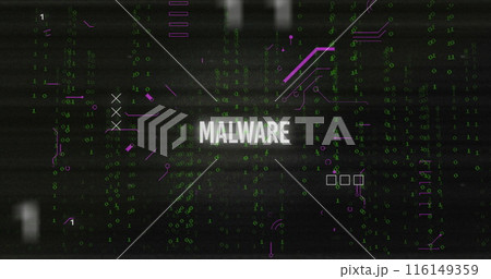 Image of glitch technique over malware text with circuit board pattern over falling binary codes Image of glitch technique over malware text with circuit board pattern over falling binary codes 116149359