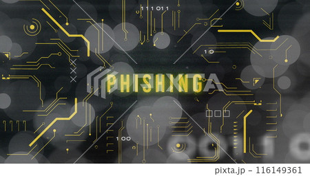 Image of phishing text, x symbol, binary codes, circuit board pattern over bokeh effect 116149361