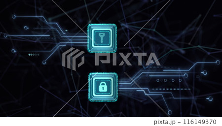 Image of online security padlock and key icons and data processing over computer motherboard Image of online security padlock and key icons and data processing over computer motherboard 116149370