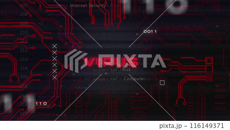 Image of glitch technique over virus text, circuit board pattern against programming language 116149371