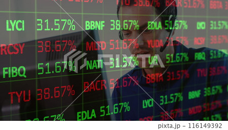 Image of financial data processing over cardboard boxes on conveyor belt in background Image of financial data processing over cardboard boxes on conveyor belt in background 116149392