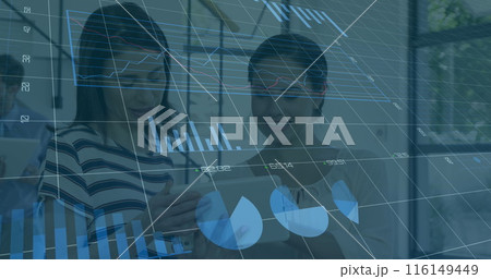 Image of data processing over diverse business people in office Image of data processing over diverse business people in office 116149449