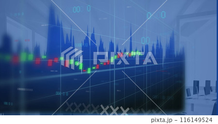 Image of statistics and data processing over desk in office 116149524